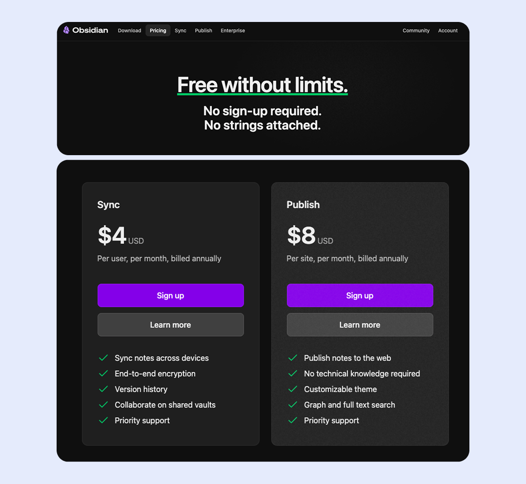 Стоимость Obsidian Тарифы на Obsidian