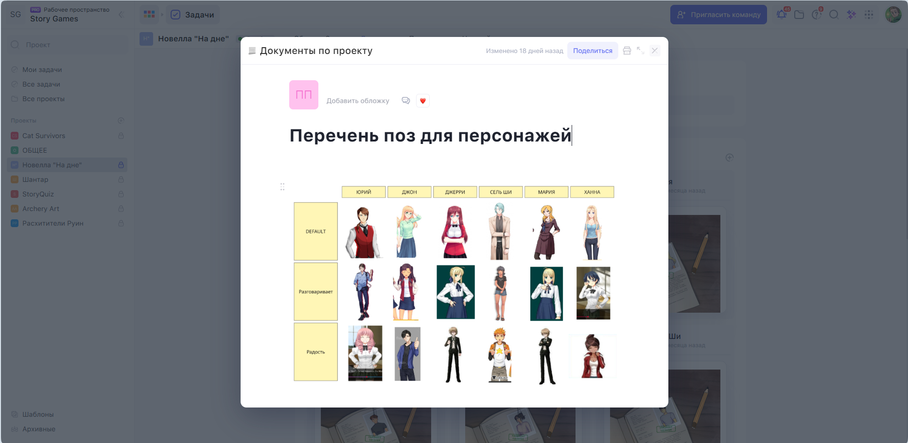 Позы для персонажей Документ по проекту в сервисе Задачи