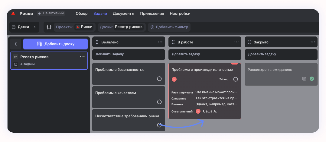 Реестр рисков на Канбан-доске в таск-менеджере WEEEK Пример реестра рисков