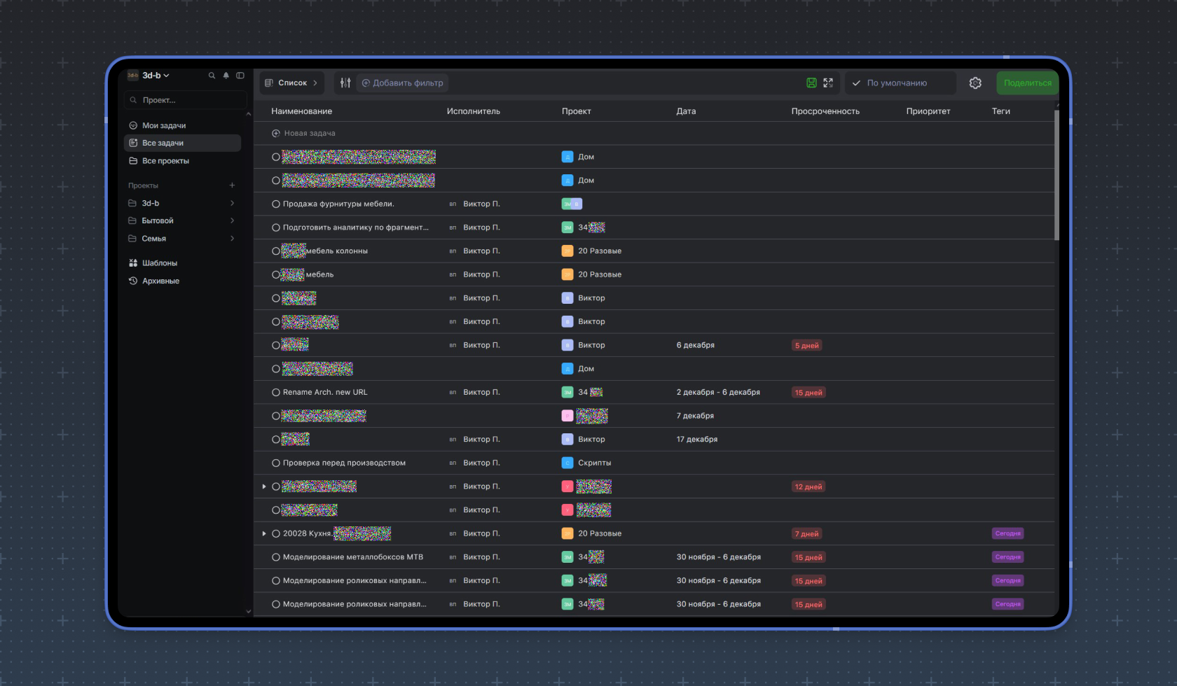 Режим отображения задач Список в WEEEK