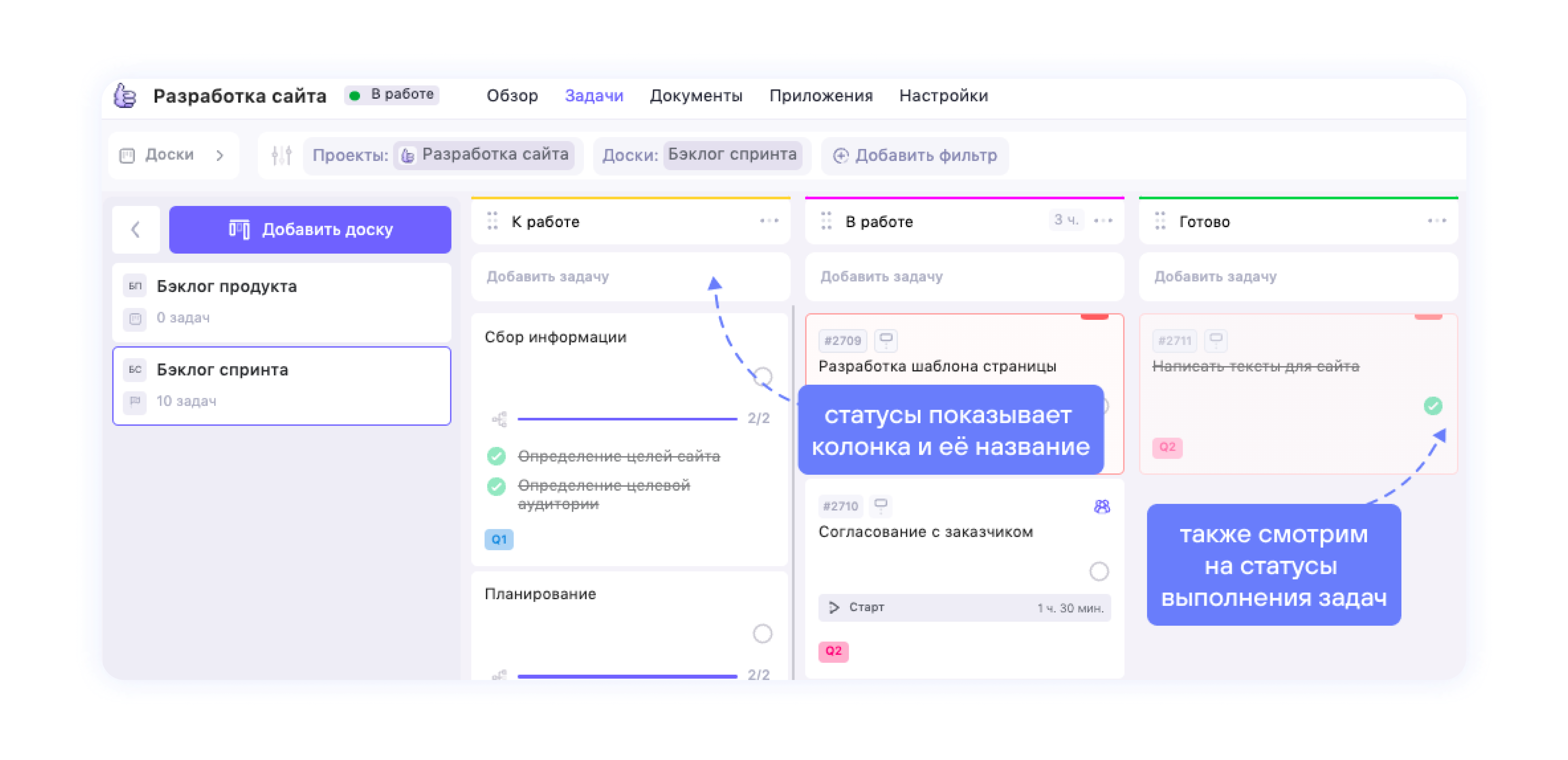 Статусы задач Статусы задач помогают быть в курсе процессов