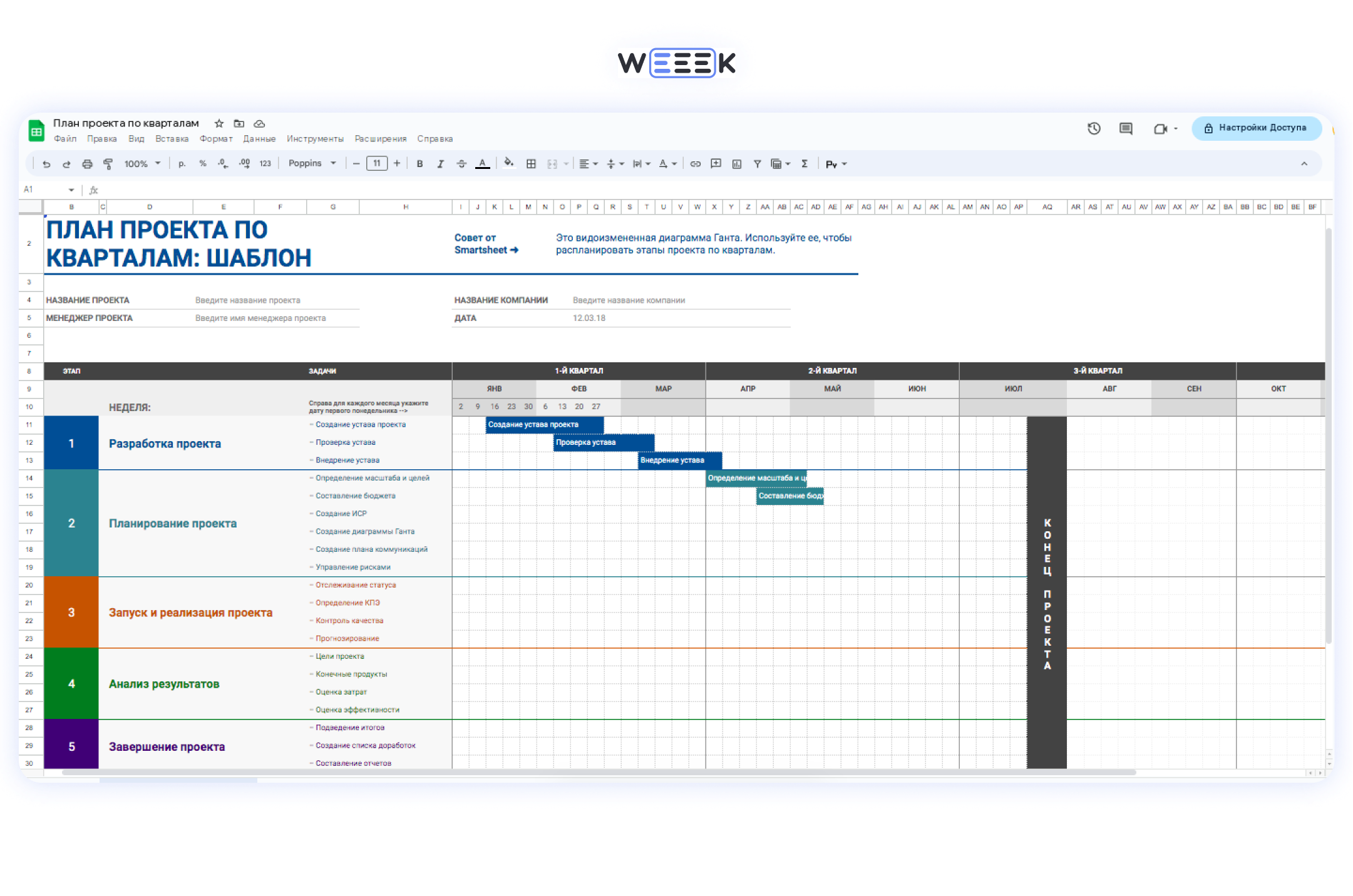 Google Sheets для дорожной карты